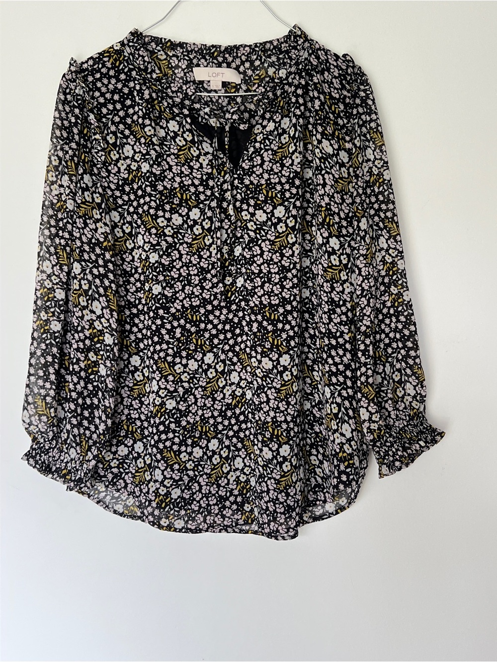 LOFT Black Floral Keyhole Blouse with Ruffle Cuffs